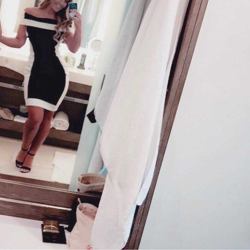 Black & white bodycon off shoulder dress - SIZE M